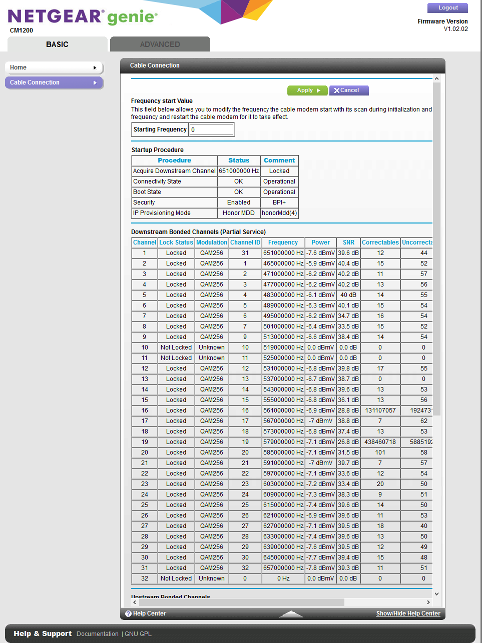 Cable modem web interface